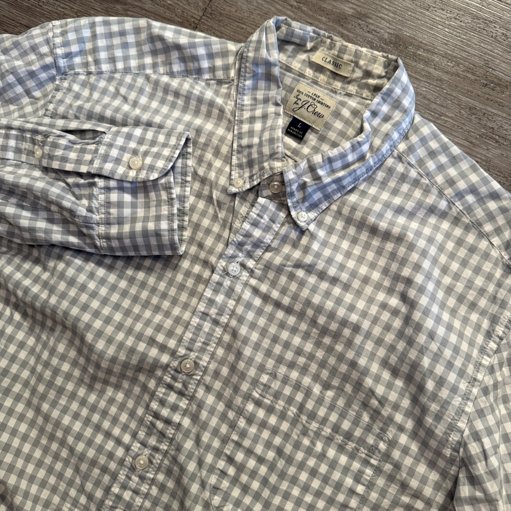 J Crew Shirt Mens L Gray Gingham 100% Cotton Classic Fit Button Up Long Sleeve